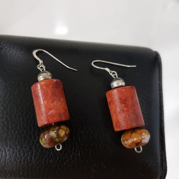 Women's authentic coral stone and earth tone, silver fish hook earrings, new. - Picture 6 of 9